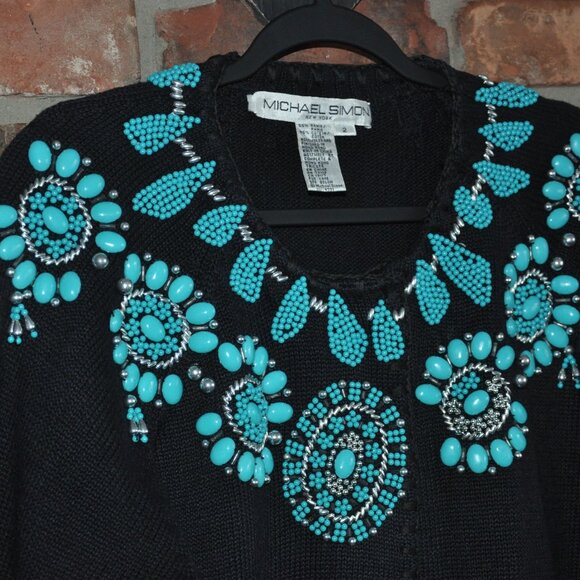 Vintage Embellished Turquoise Silver Beaded Michael Simon Sweater Cardigan KNIT - Picture 10 of 11